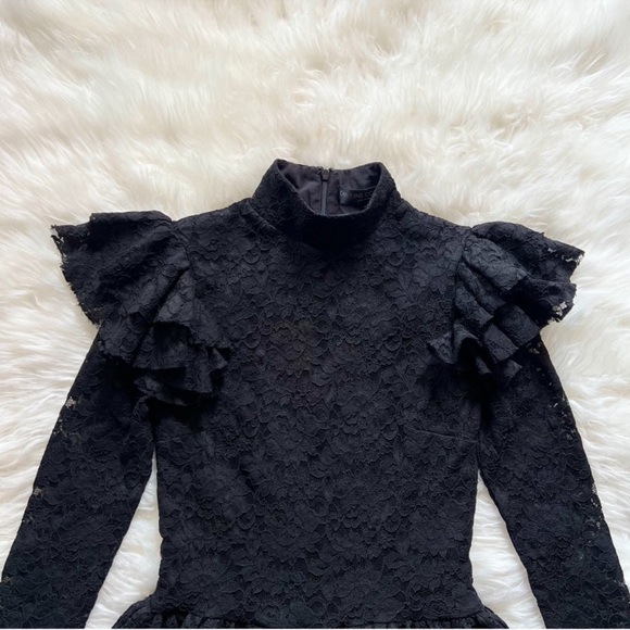 New! Caroline Constas Emily Lace Ruffle Mini Dress Long Sleeve in Black - Picture 9 of 12